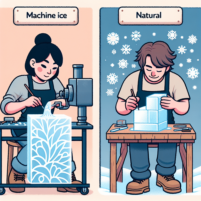 an artist carving machine-made ice with precision versus an artist sculpting natural ice with broad strokes