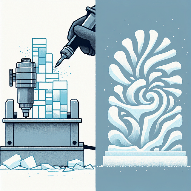 close-up of finishing touches on a machine-made ice sculpture versus a natural ice sculpture