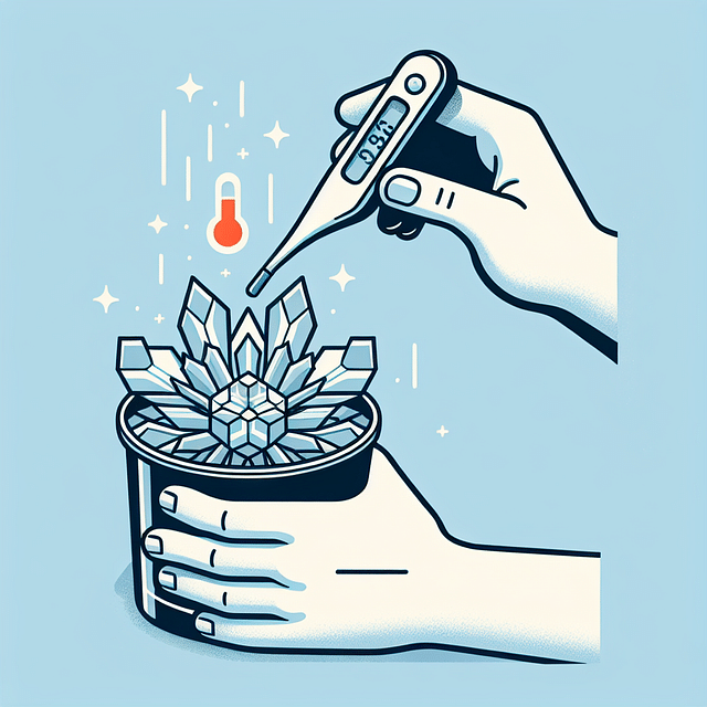 digital thermometer being placed inside the container with an ice sculpture