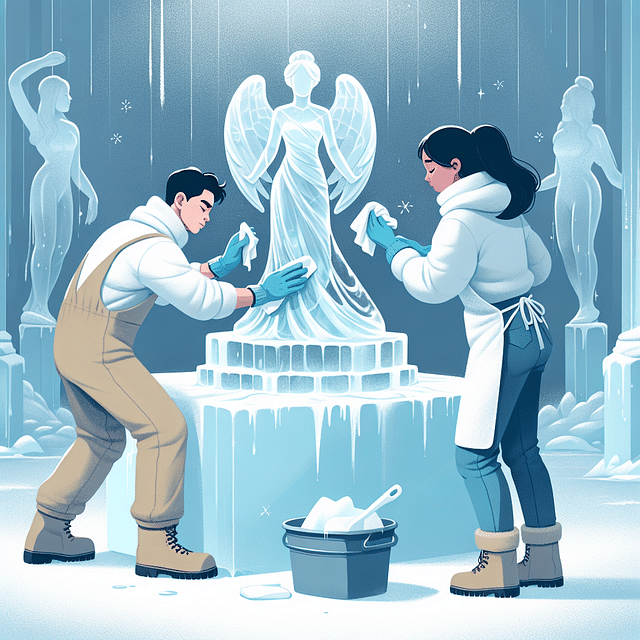 ice sculpture being cleaned with soft cloths in a cold environment