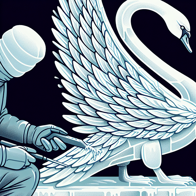 close-up of ice sculptor detailing swan feathers