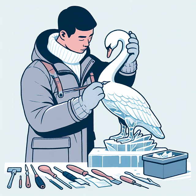 ice sculptor polishing an ice swan sculpture