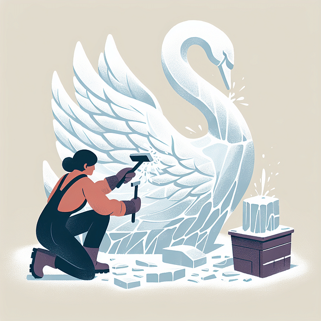 sculptor chiseling details into ice swan