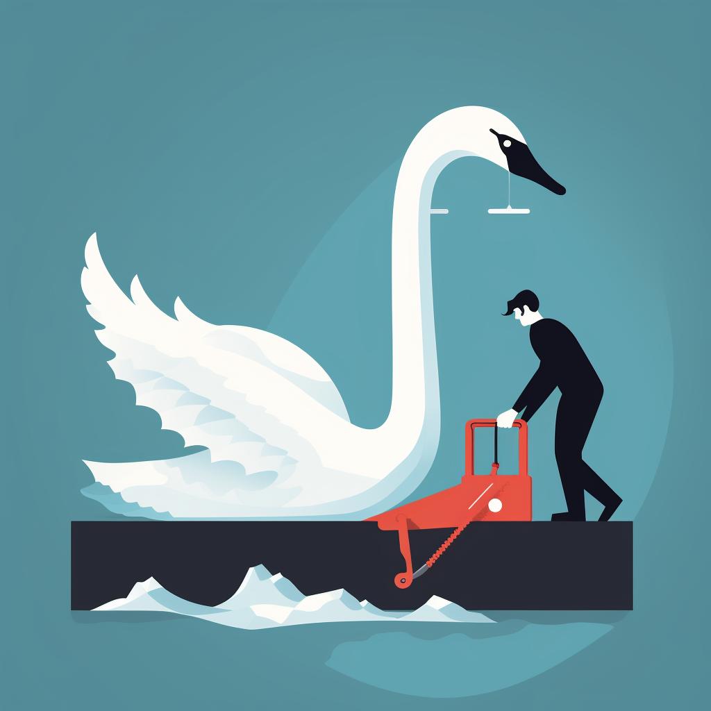 A large ice block being shaped into a swan silhouette with a chainsaw