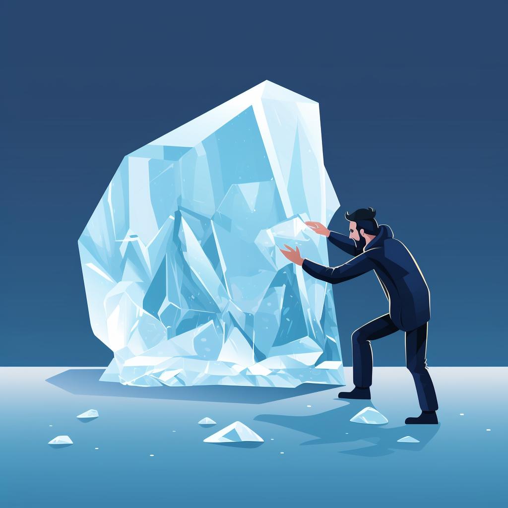 A sculptor examining a large, clear block of ice