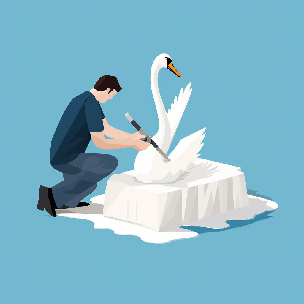 An artist carving the basic shape of a swan from an ice block using a chisel and ice pick