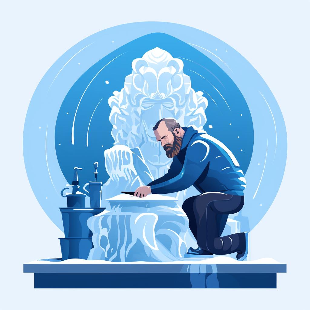 A sculptor carefully carving details into an ice sculpture