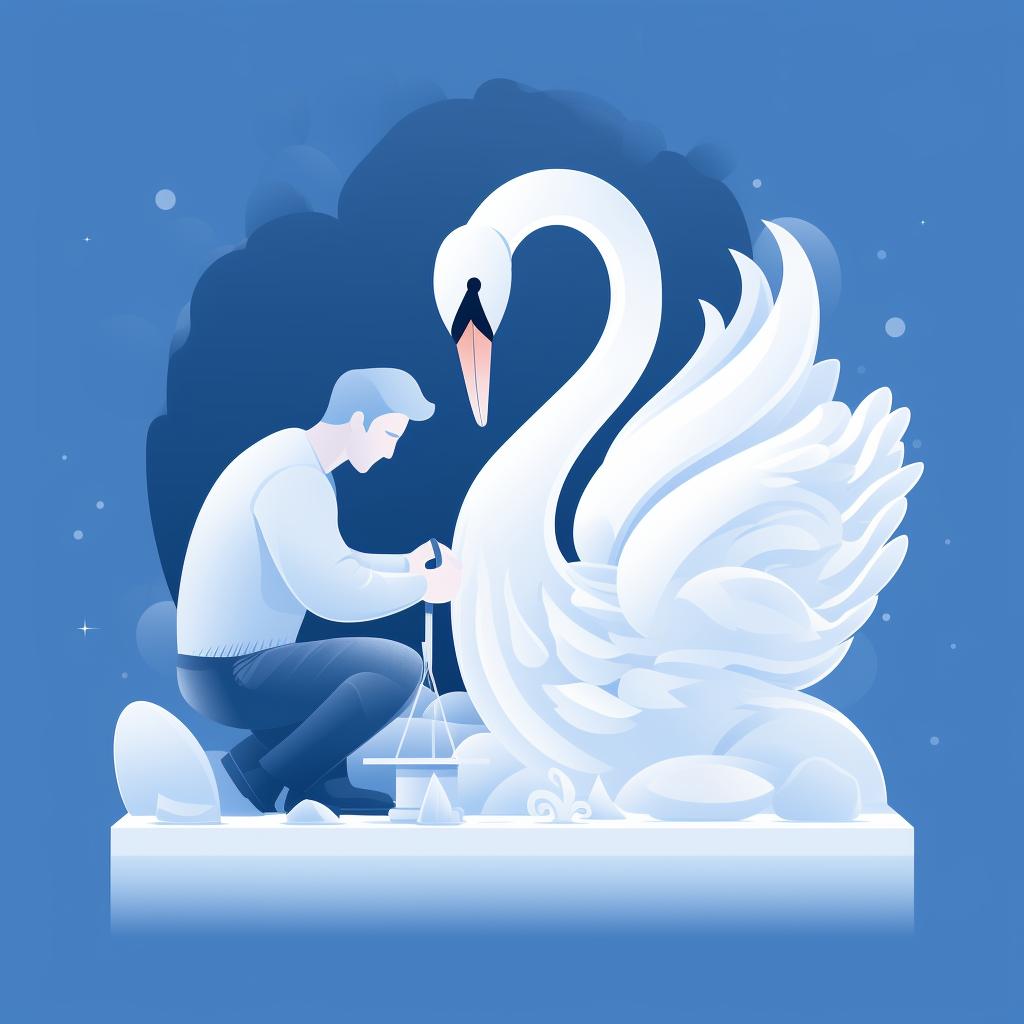 An artist refining the details of a swan ice sculpture with small sculpting tools