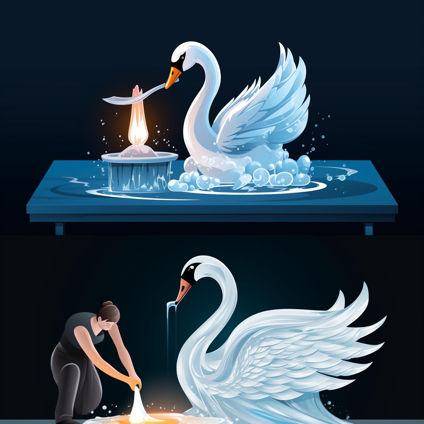 A completed swan ice sculpture being polished with sanding tools and a melting torch