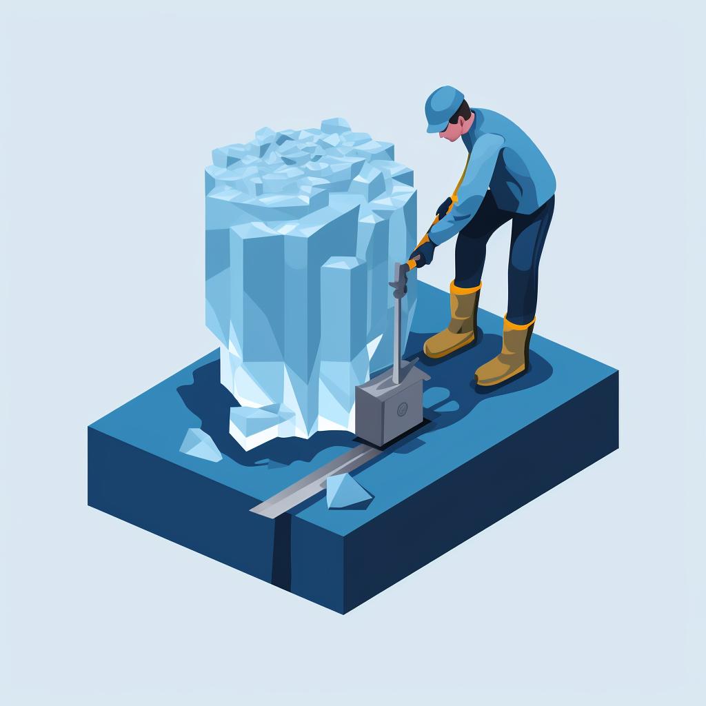 A large block of ice being prepared as the base of a sculpture.