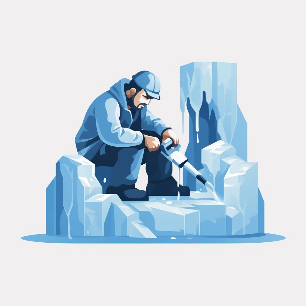 An ice sculptor carefully avoiding thin, protruding elements while carving.