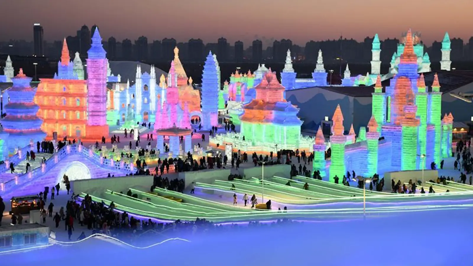Illuminated ice sculptures at Harbin Ice and Snow Festival